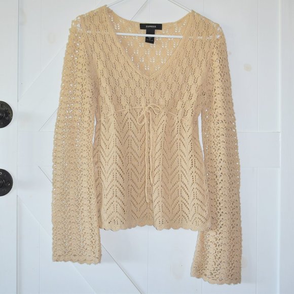 Express Sweaters - Vintage Y2K Express open knit v neck long flare sleeve scallop hem tie detail
